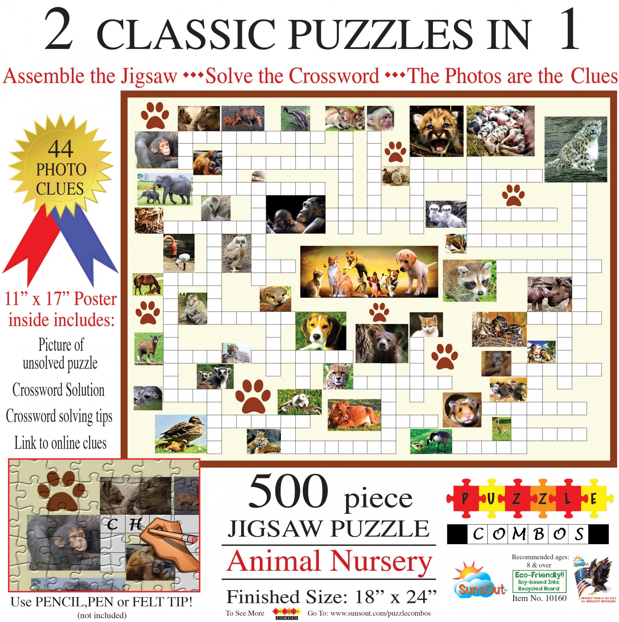 SunsOut Puzzle - #10160 Animal Nursery - 500pc  Puzzle Combo, Crossword Jigsaw Puzzle