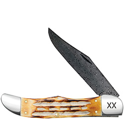 Case XX #27237 - Folding Hunter - Burnt Natural Bone - Deep Canyon Jig - Damascus