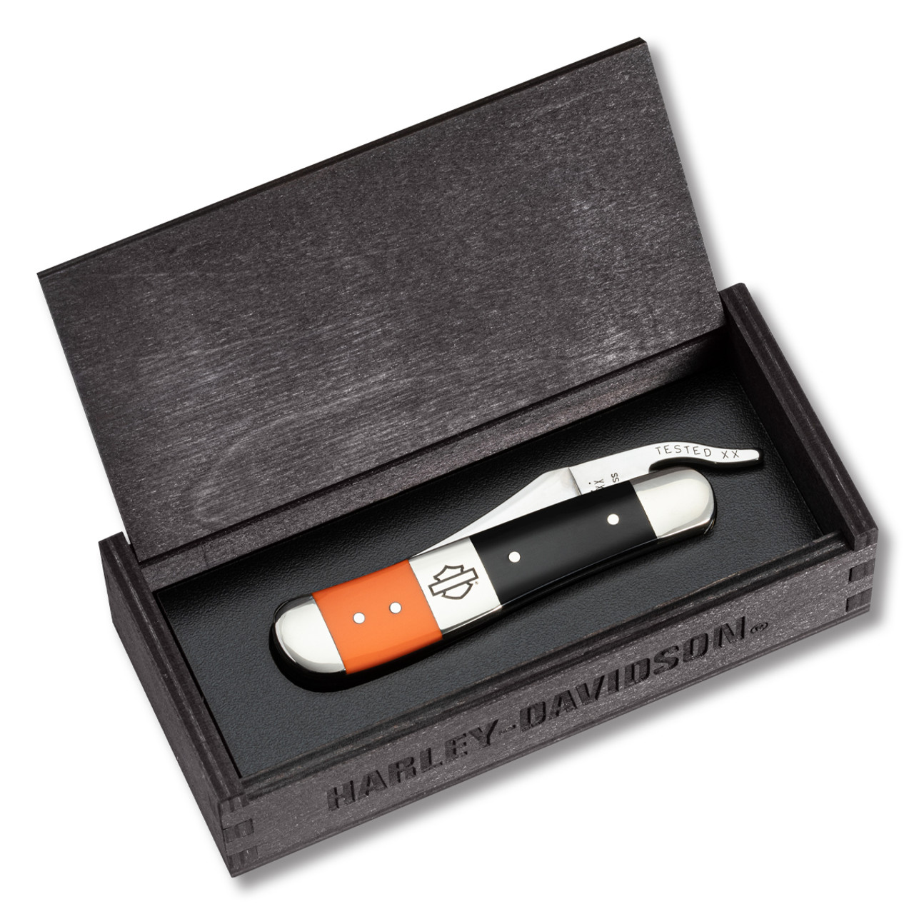 Case XX #52245 - Harley Davidson Black and Orange RussLock Folding Knife Gift Set