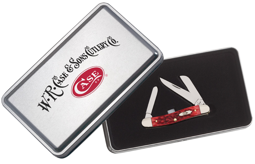 Case XX #70129 - Medium Stockman - Dark Red Bone, Peach Seed Jig - Commemorative Gift Set  Tin